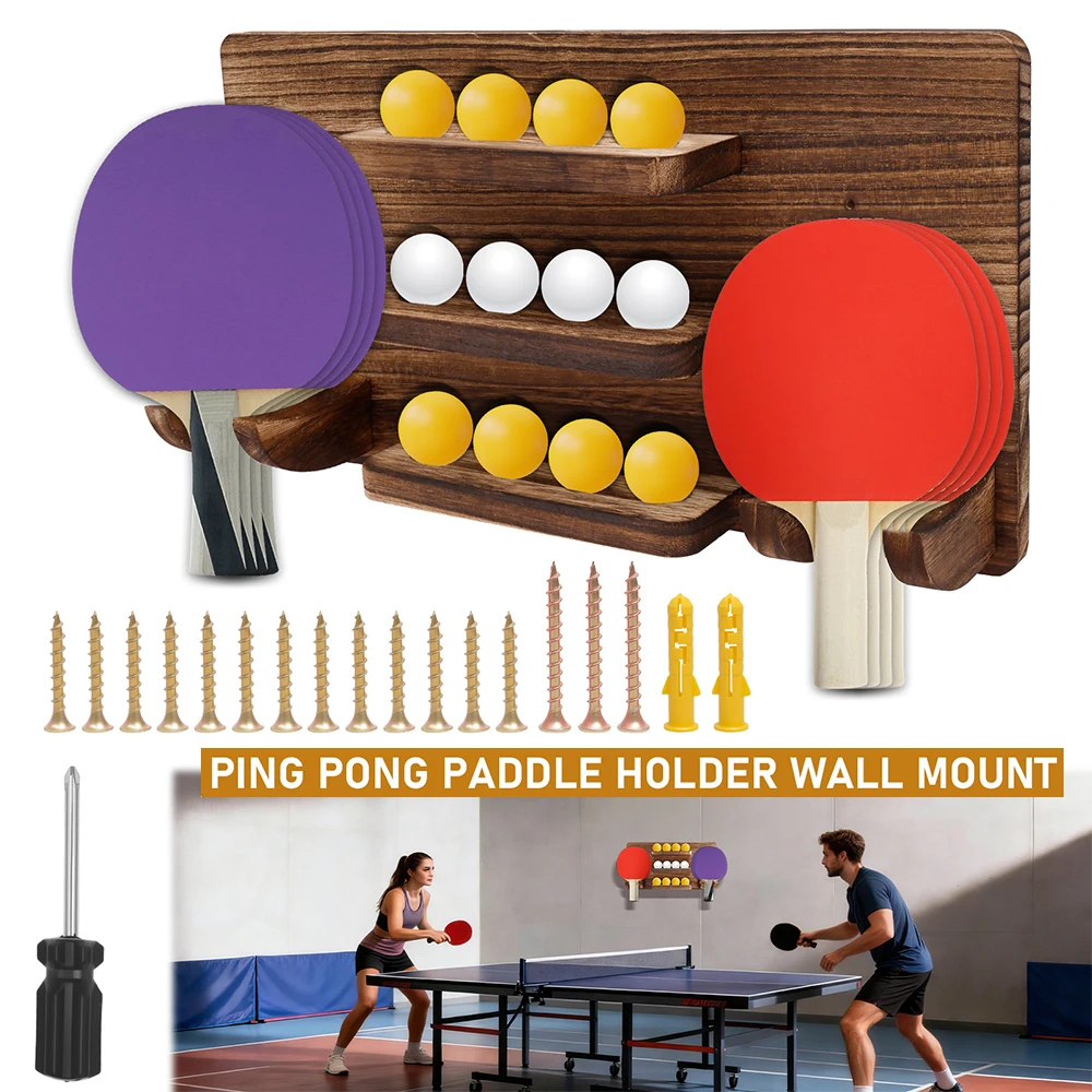 

Держатель для ракеток для настольного тенниса, настенное крепление, деревянная подставка для хранения ракеток, нескользящая подставка для демонстрации ракеток, вмещает 8 ракеток и 12 мячей.