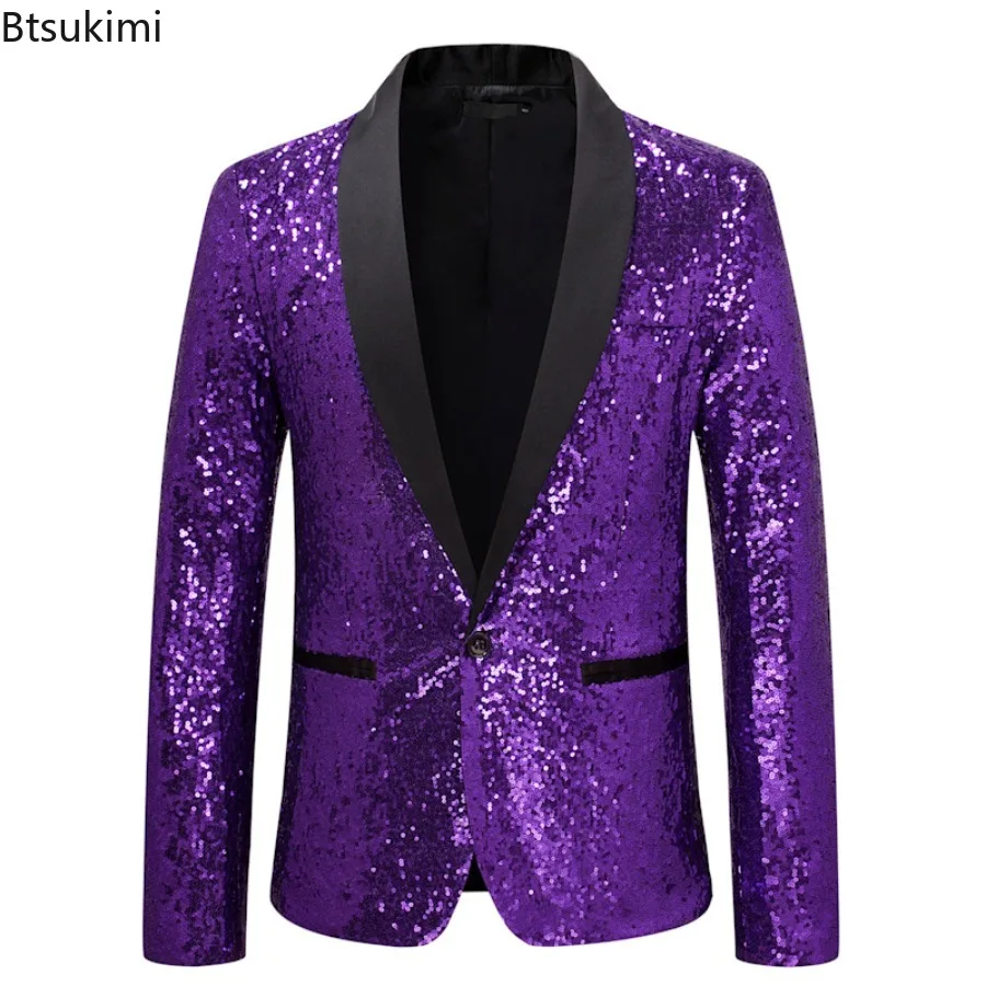 New 2026 Men's Trend Sequin Suit One Button Jacket Solid Color Singer Host Party Bar KTV Stage Performance Luxury Blazer Coats