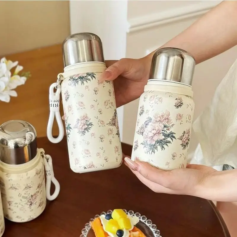Chinese Vintage Rose Peony Insulated Stainless Steel Thermos Large Capacity Portable Tea Infuser Tumbler with Handle Rope