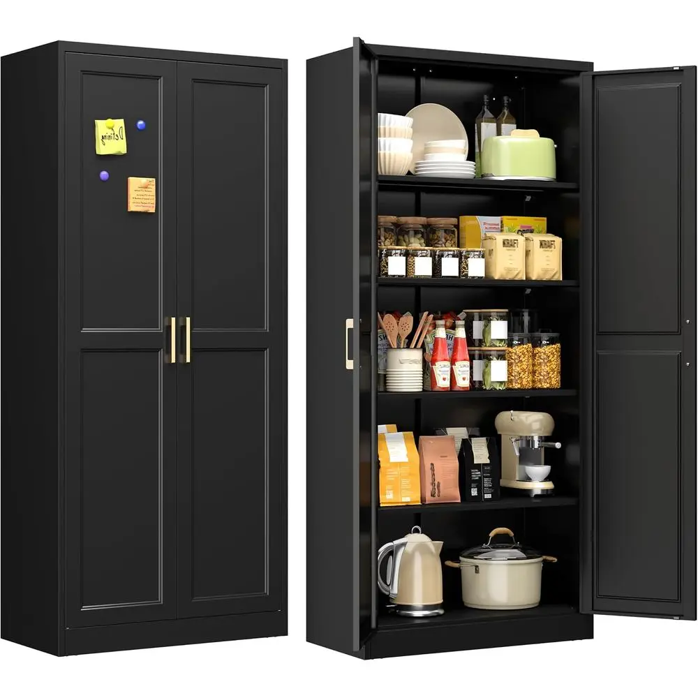 71Metal StoraCainet with 4 Adjustale Shees, lack Tall Pantry Cainet with Do, 180 ls Load Per Shel, Heavy Duty Steel Organizer or