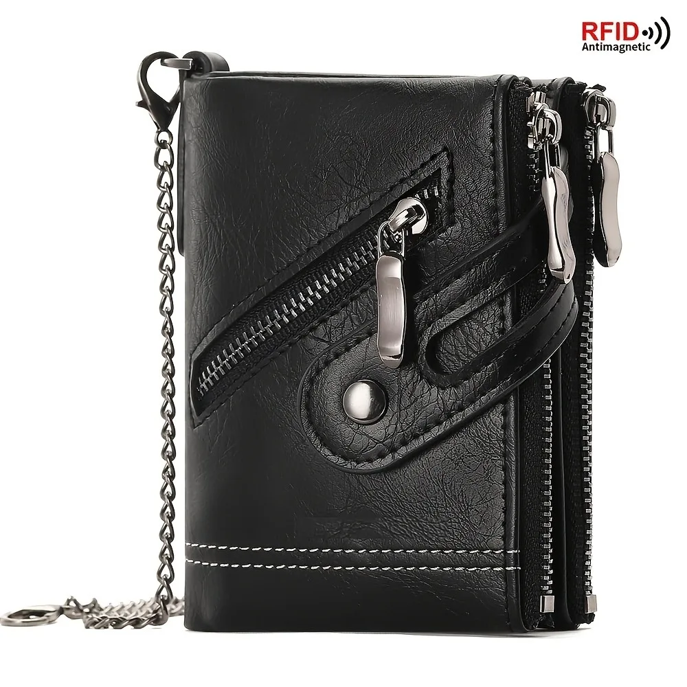 New Men's Chain Wallet RFID Anti-Theft Men's PU Leather Wallet Double Zipper Coin Purse Credit Card Holder for Men and Women