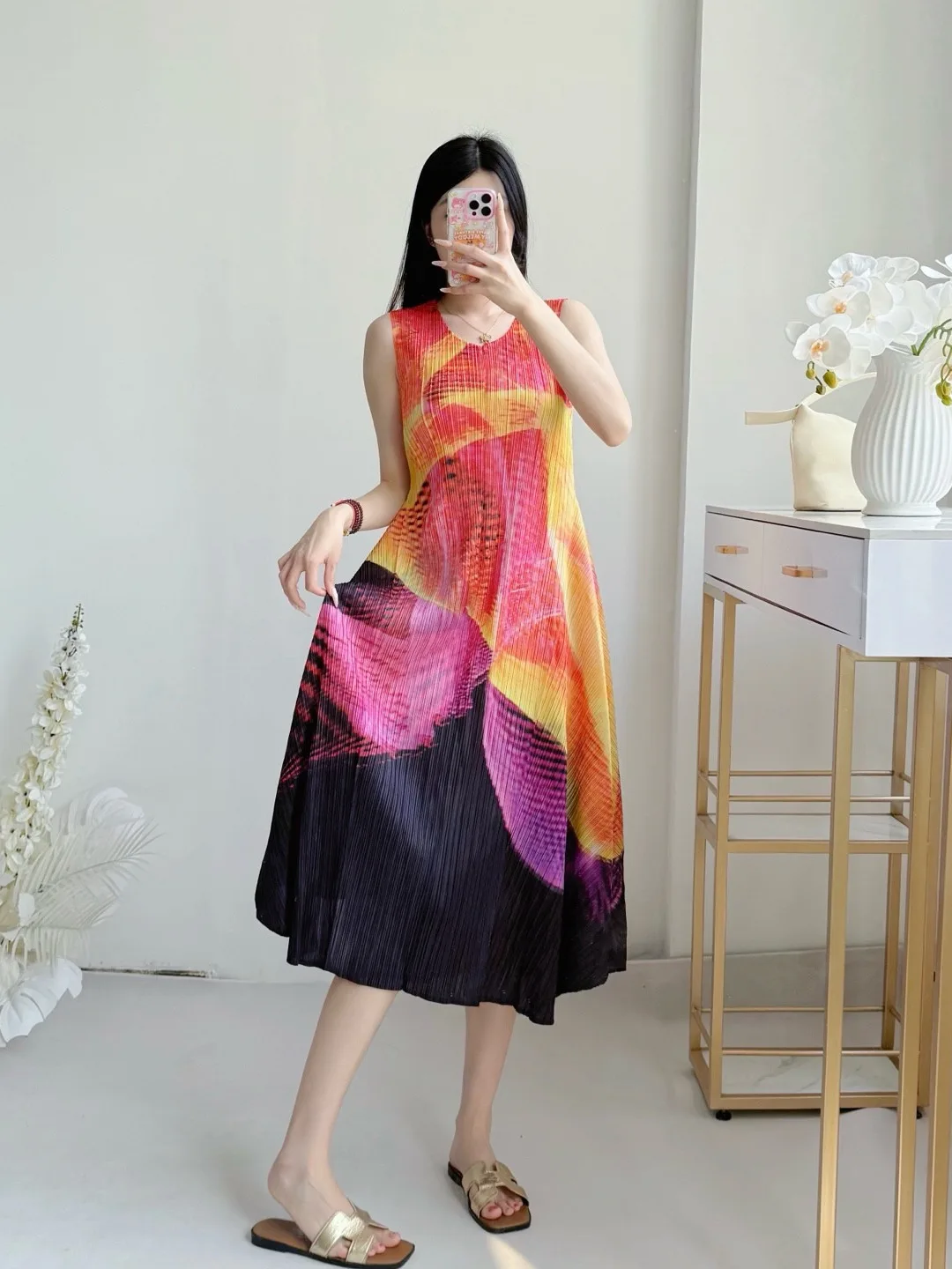 

Pleated Printed Medium Long Irregular Foreign Women's A-line Dress 2025 Summer New Miyake Fashion Loose Large Size Dresses