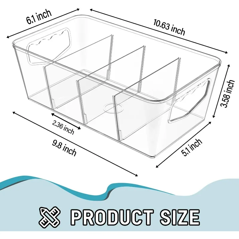 Organização despensa e armazenamento Bins, Limpar armazenamento Organizador Bins, Divisores removíveis, Recipientes Frigorífico, 8 Pack