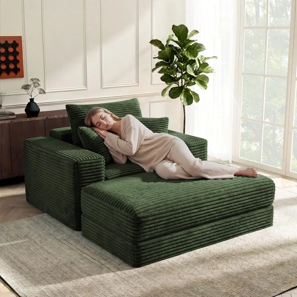 60 Oversized Chaise Lounge Chair Indoor with Ottoman, Convertible Boneless Sofa Bed amp Corduroy Reading Chair for Living Room