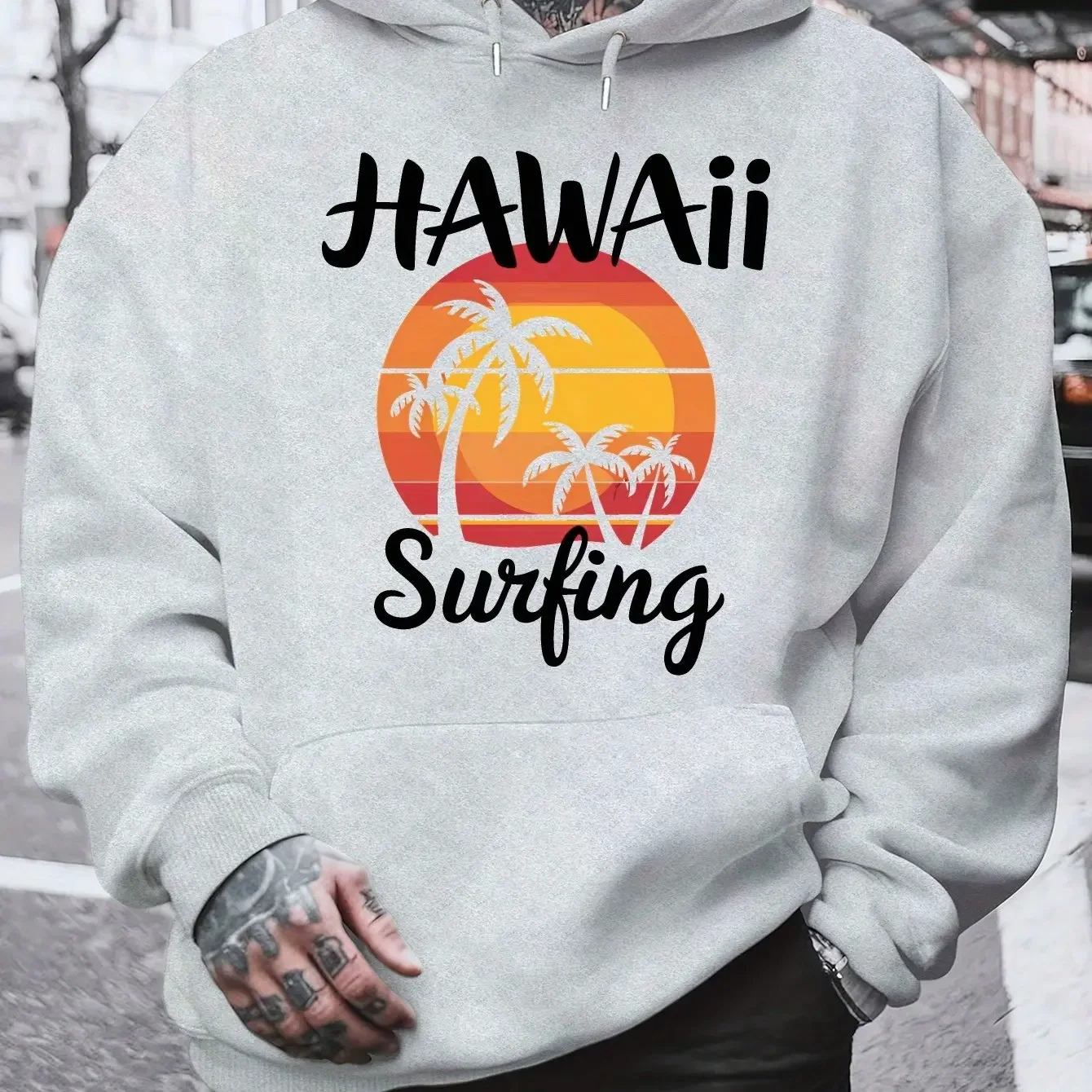 Retro Hawaii Surfing Coconut Tree Hooded Sweatshirt Unisex Gradient Sunset Circle Front Print Seaside Travel Long Sleeve Hoodie