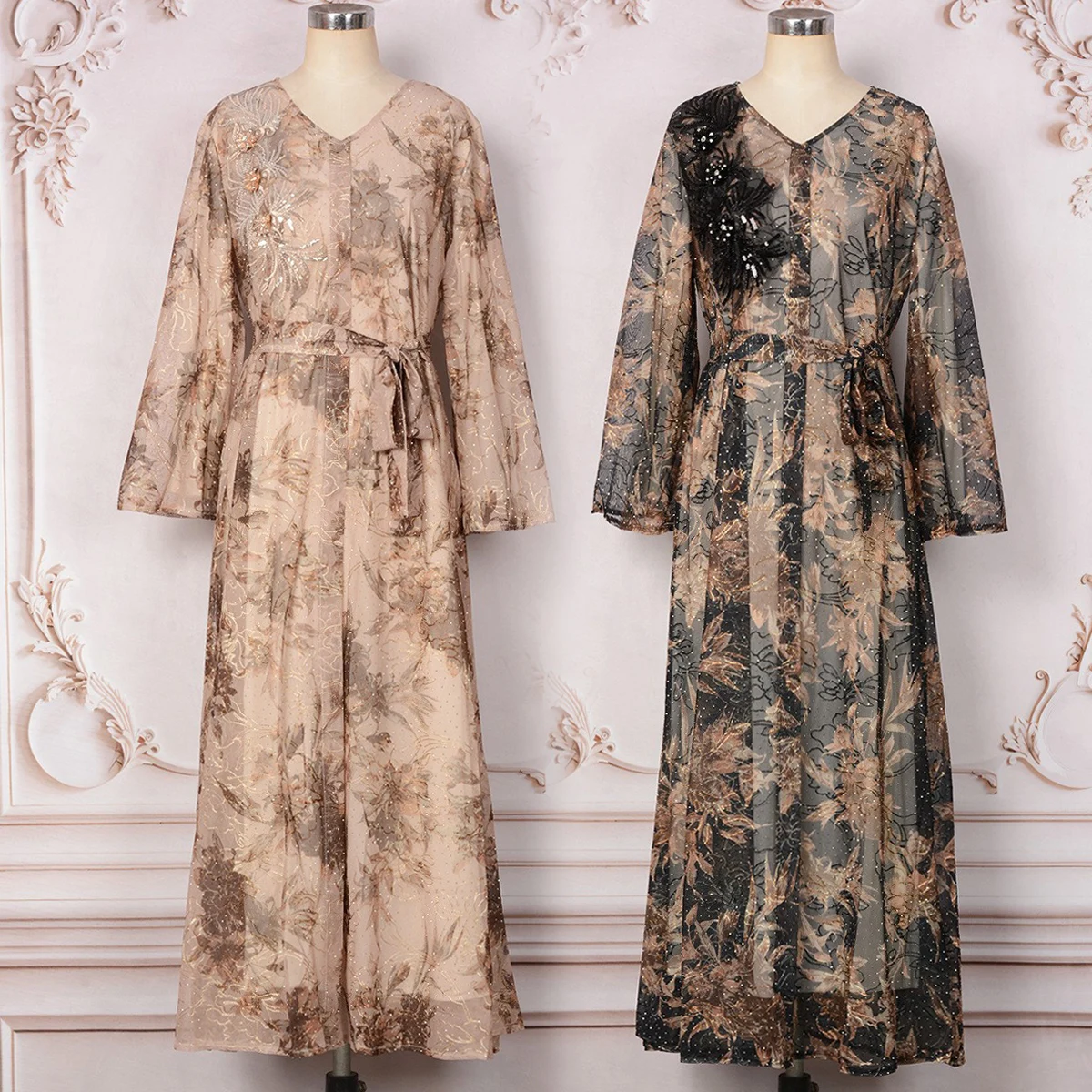 

Feminine Regular-Fit 3D-Flower Accent Women Jalabiya Arabic Dress Muslim Abayas-Floral Print, Embroidery, Hot-Fix Rhinestones