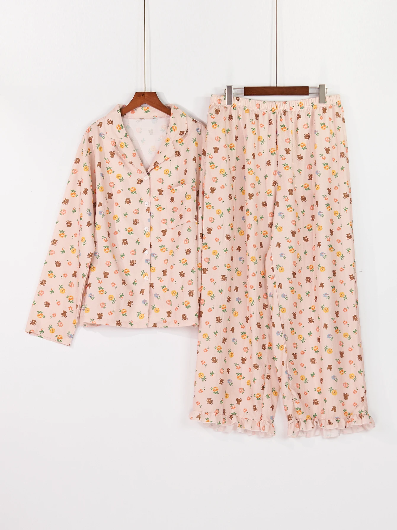 

Large size women's pajama set spring and autumn floral print long sleeved top&pants home clothing 2-piece set