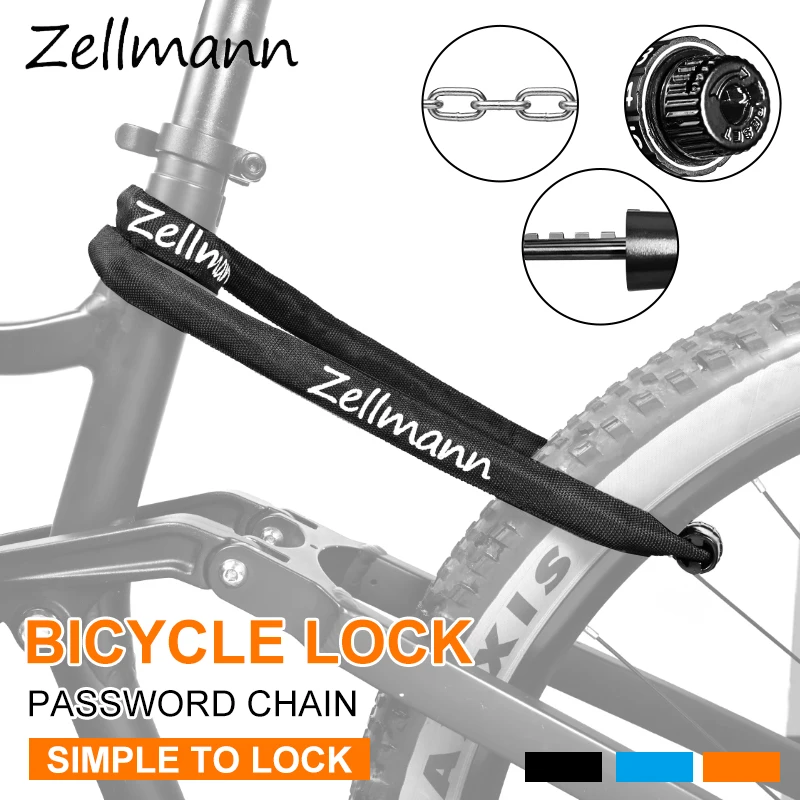 ZELLMANN Bicycle Password Lock Zinc Alloy Bike Chain Lock 100cm Anti-theft Bicycle Chain Locks for MTB Road E-bike Cycling Locks