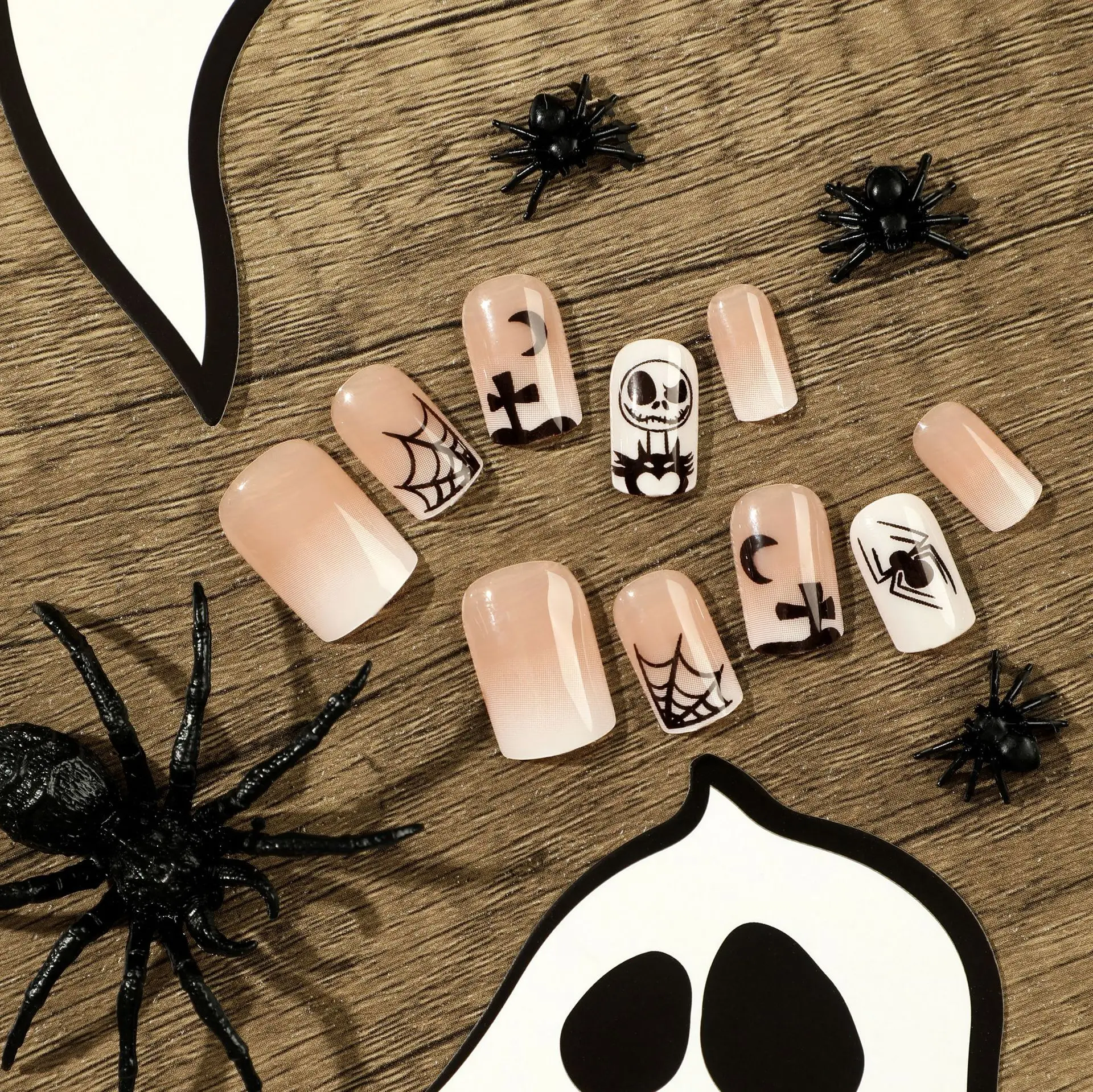 

24Pcs Medium Square Press on Nails - Halloween Design with White Base, Black Ghosts, Spiders, Cobweb and Moon Patterns