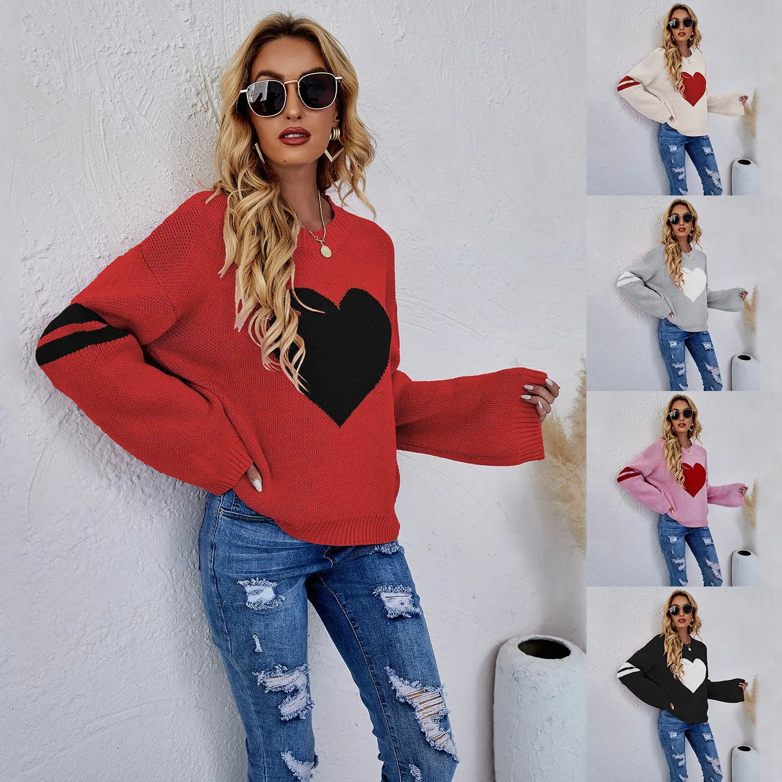 High Quality Heart Knit Pullover Fall Winter European Style Women Fashion Pullovers Knitted Cashmere Wool Sweater Lady Big Size