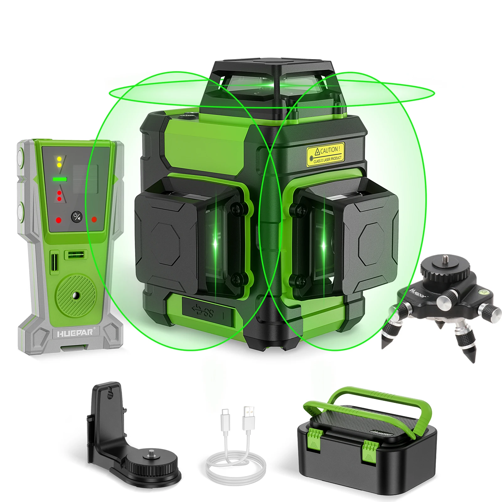Huepar HM03CG 3D Kreuzlinienlaser Wiederaufladbarer Selbstnivellierender Grüner Laser mit Li-Ionen-Akku & Pulsmodus & Hartschalenkoffer