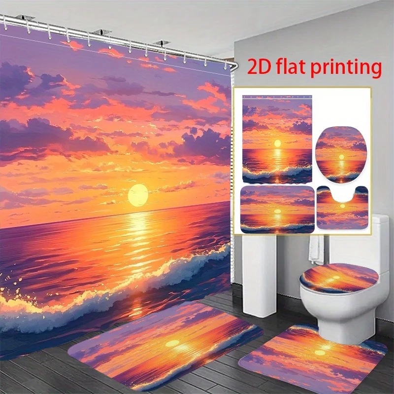 

4pcs 2D Flat Printing Shower Curtain Bathroom Set Sunset Over The Ocean Waves Can Be Used to Decorateyour Bathroom, Bedroom