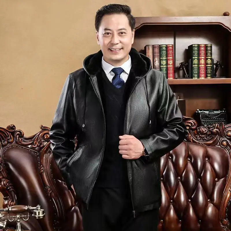 

Hooded Middle-aged Men's Fleece Leather Jacket New Winter Fur Integrated Middle-aged and Elderly Dad PU Leather Jacket