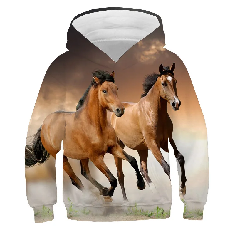 Running Horse Print Hoodies Sweatshirts Autumn Fleece Pullover Boys Girls Tracksuit y2k Sudadera White Horse Hoodie Kids Clothes