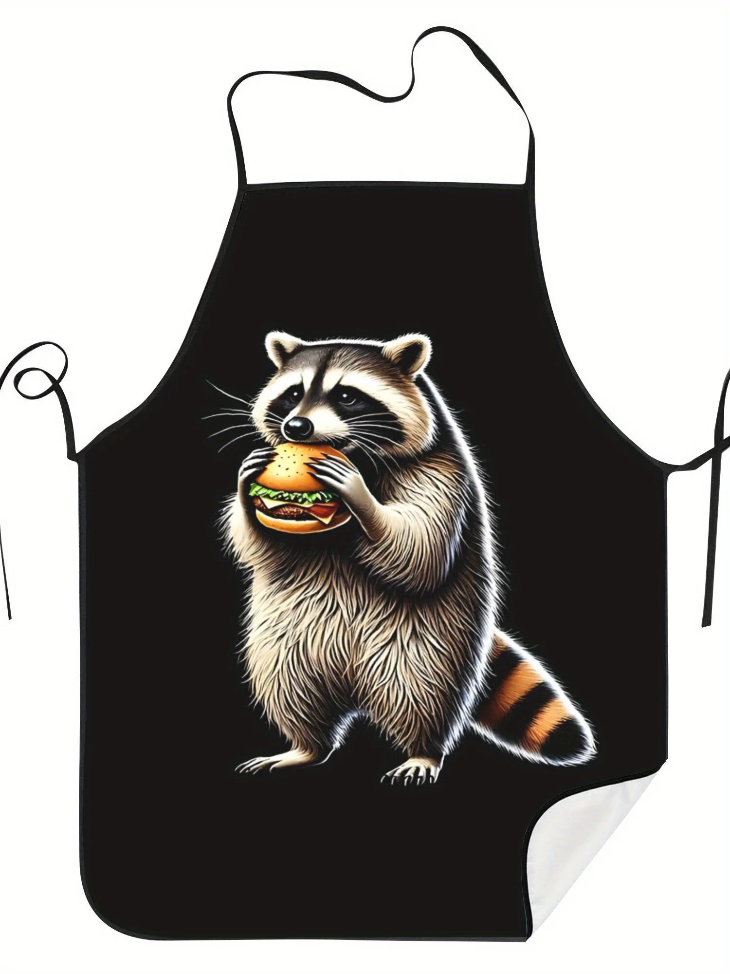 Raccoon Eating Hamburger Printed Apron - Vintage Style, Durable Woven Fabric, Ideal for Household Cleaning & Cooking, with Secur