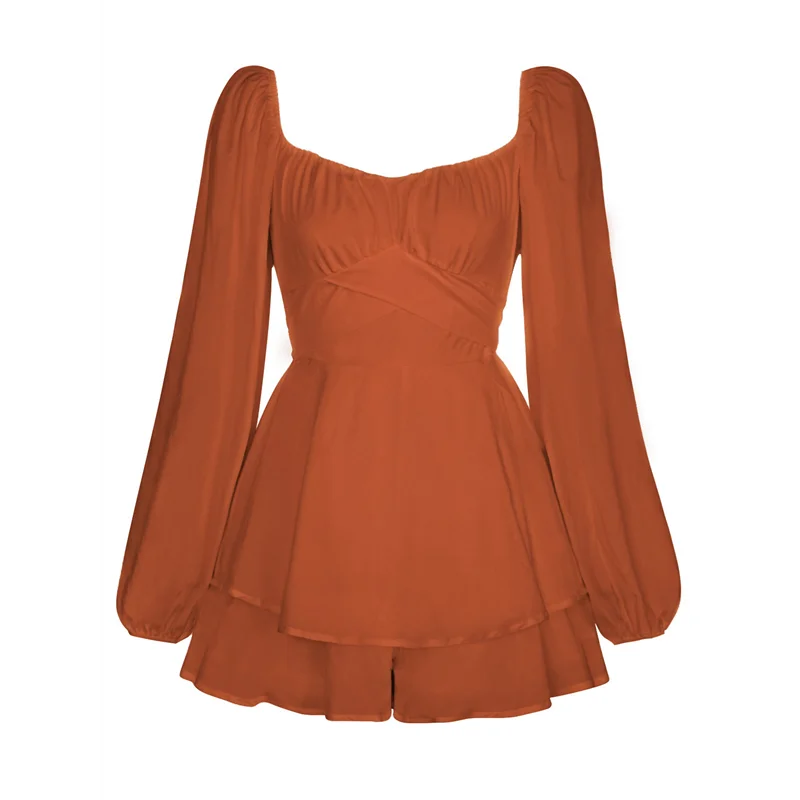 

CYL-Women's Jumpsuit Lantern Long Sleeve Ruffle Layer Tie Mini Short Romper