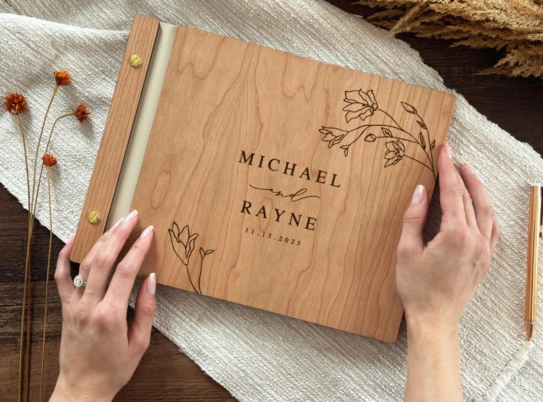 كتاب الضيوف الخشبي، كتاب ضيوف الزفاف المخصص، ألبوم صور الزفاف الشخصي، هدية الذكرى السنوية للزفاف الريفي لها #3