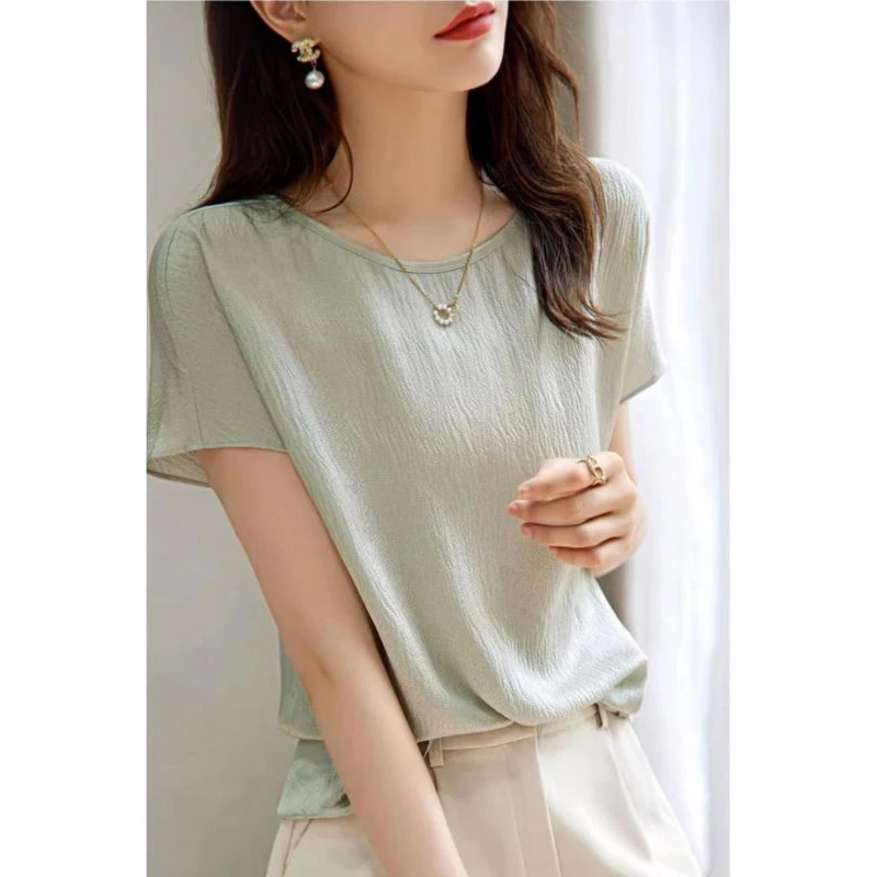 Women Summer Simplicity Loose Office Lady Solid Color O-neck Short Sleeve Chiffon Shirt Women Clothes Casual All-match Top Tee