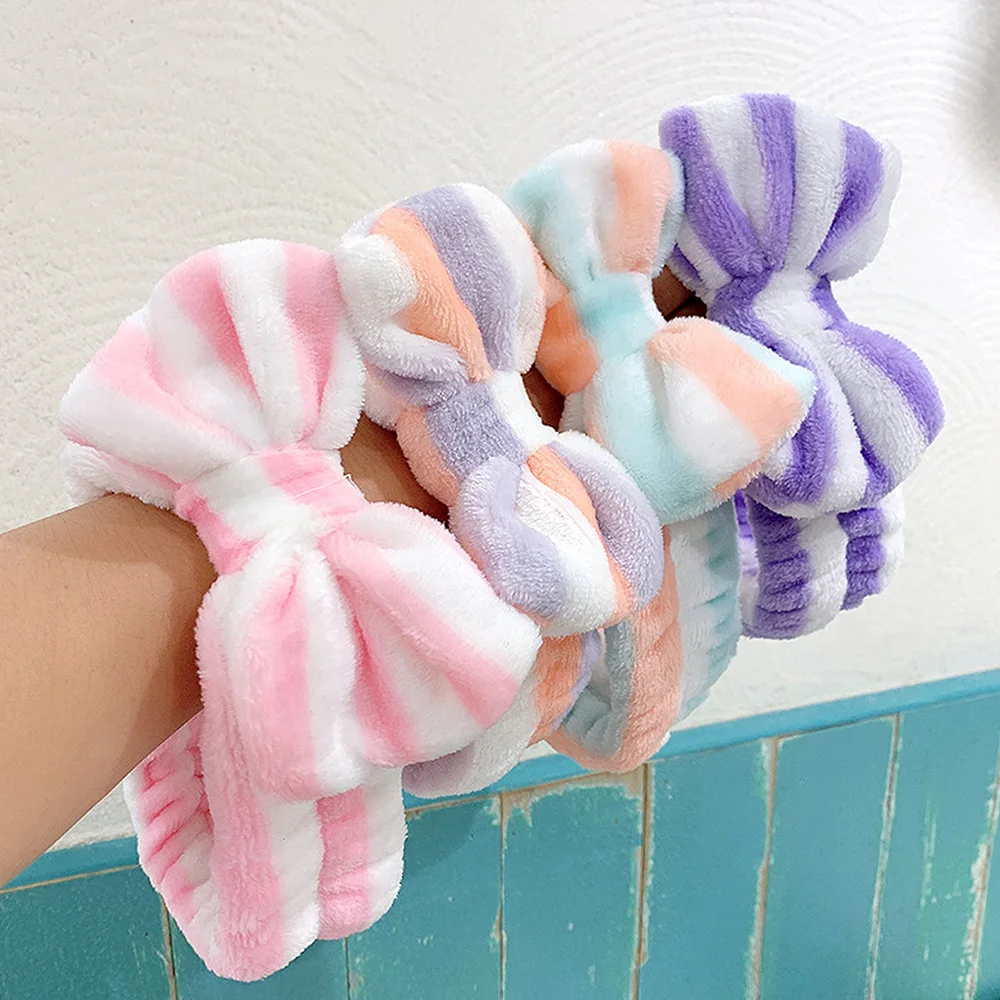 Cute Dot Striped Bowtie Hair Band Classic High Elastic Big Soft Coral Fleece Makeup Headbands For Women Washing Face Shower Spa