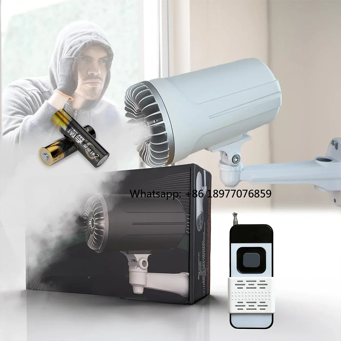 Battery Powered IP Enabled Remote Control SOS Button Triggered Motion Sensor Security Anti-Theft Fog Generator 150 Cubic Me