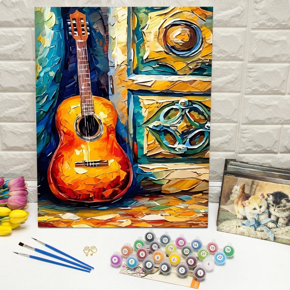 Digitales Ölgemälde-Gitarren-DIY-Set für Erwachsene, Malen nach Zahlen, Kunsthandwerk auf Leinwand, Heimdekoration, handgemaltes Geschenk