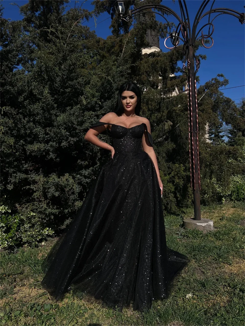 Cathy Black Glitter Prom Dresses Off the Shoulder A-line Floor-length Evening Dress Elegant Sleeveless vestidos de fiesta 2024