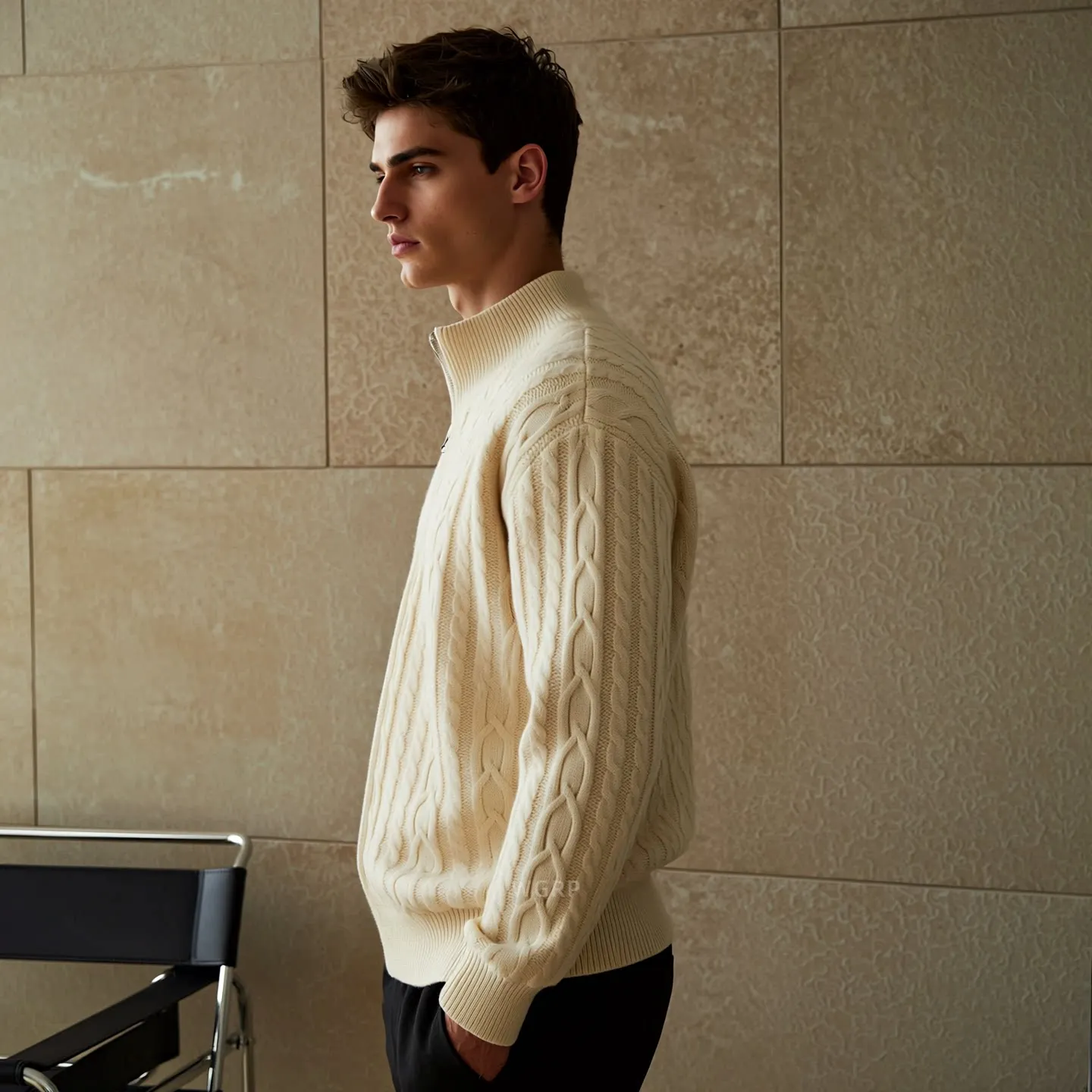 Simple warm wind twisted pattern stand collar zipper cashmere knit cardigan men's sweater coat