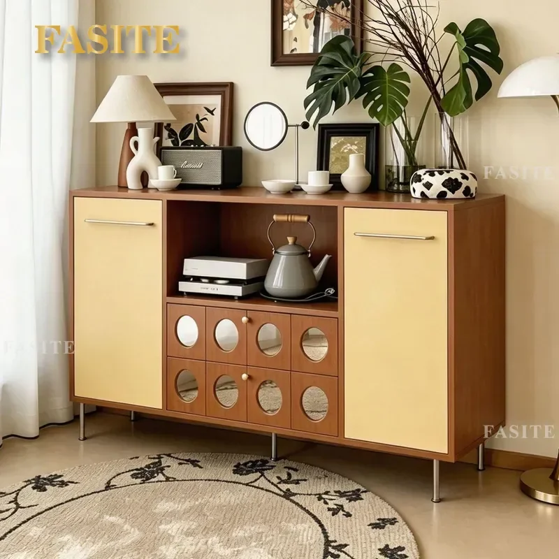 for Medieval Bauhaus Solid Wood Dining Side Cabinet Light Luxury High End Wall Integrated Locker Living Room Color Matching