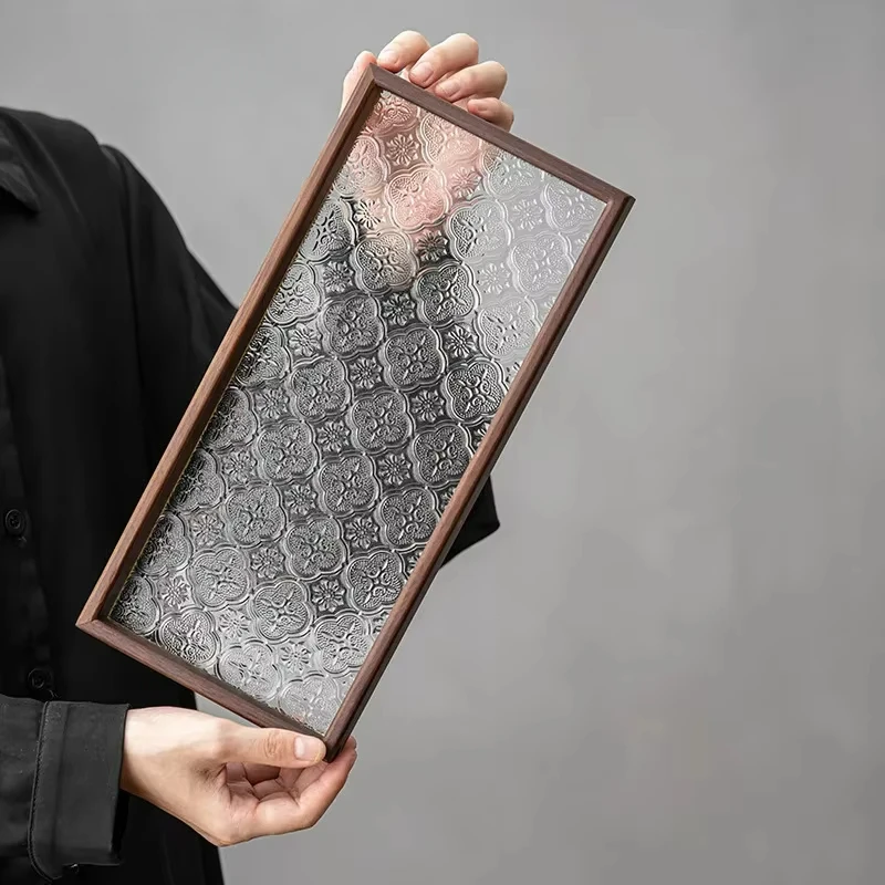 

Begonia Glass Tray Rectangular Walnut Solid Wood Small Tea Tray Cup Storage Fruit Snack Plate Gongfu Tea Table Serving Tray