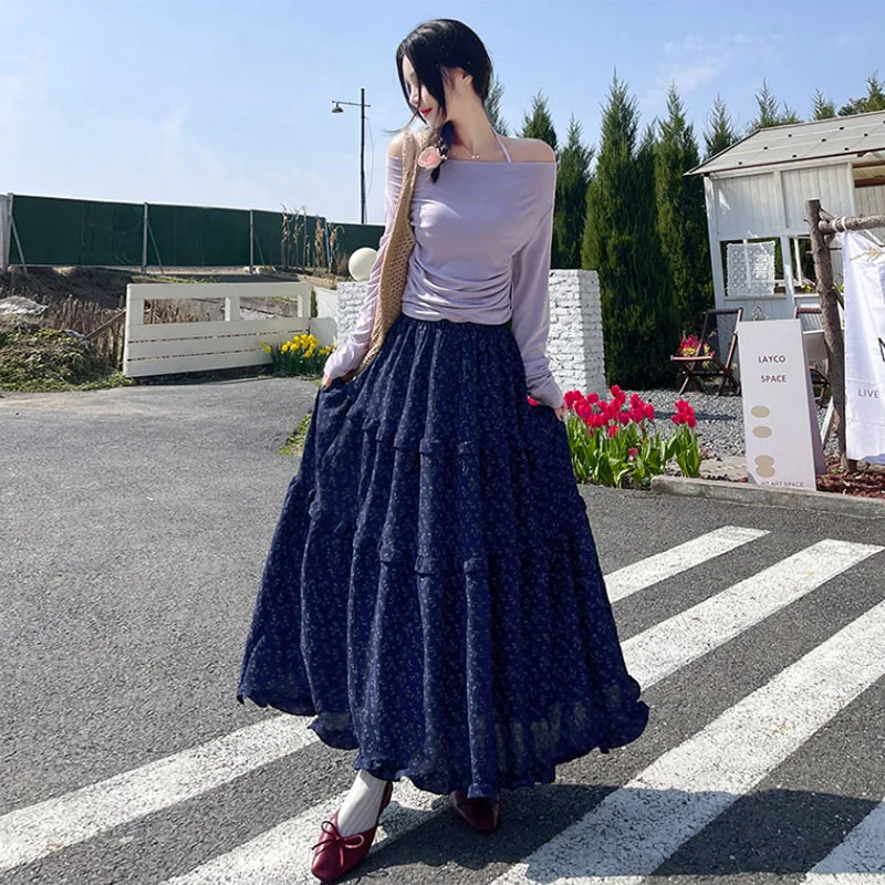 Summer Women Patchwork Ruffles Long Skirts Vintage Y2K Printed Floral Maxi Skirts Female Elegant Chic High Waisted A-Line Skirt