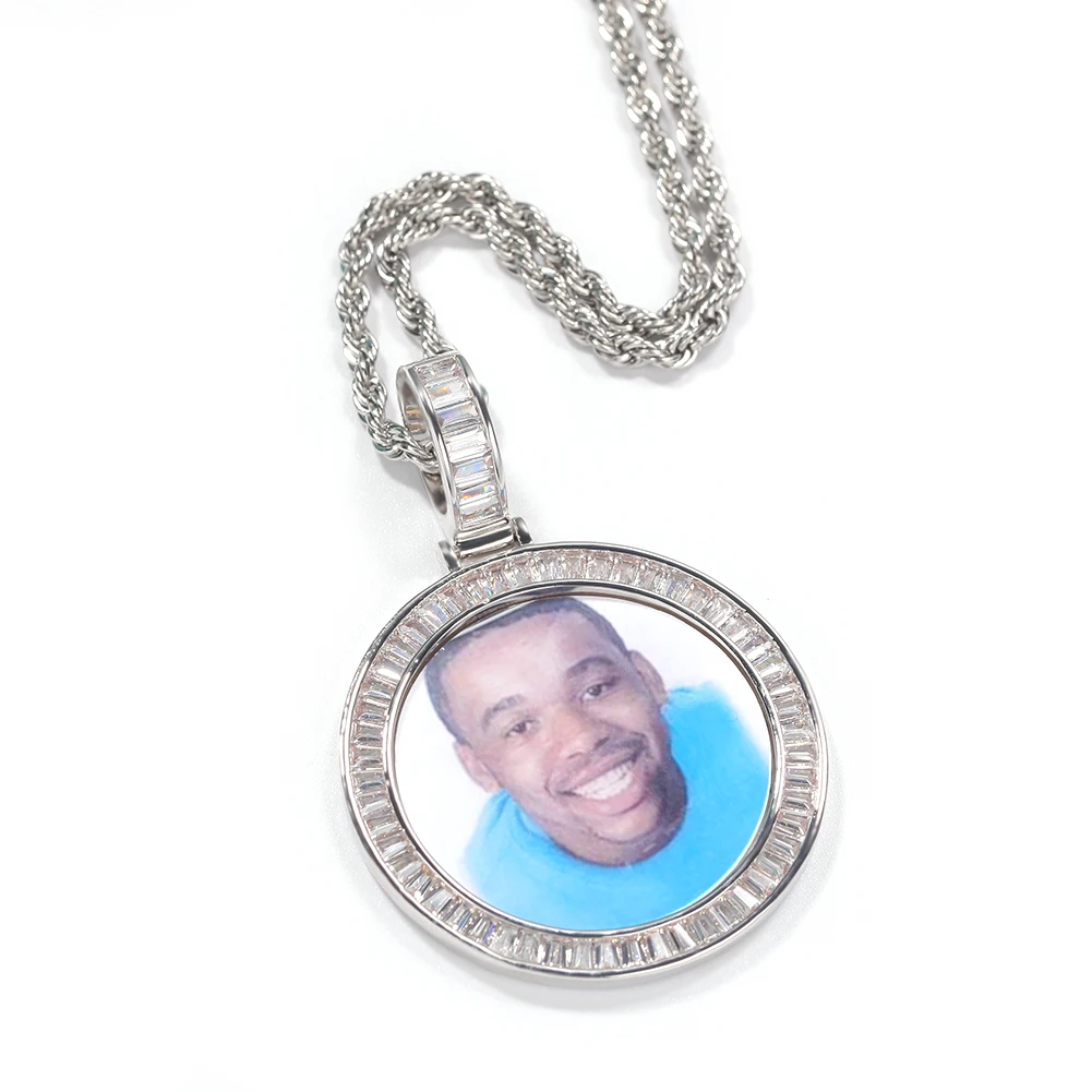 TBTK Custom Photo Pendants Iced Out Baguettecz Tennis Necklace Engraved Name On Soild Back Round Tag Hiphop Jewelry Punk Gifts