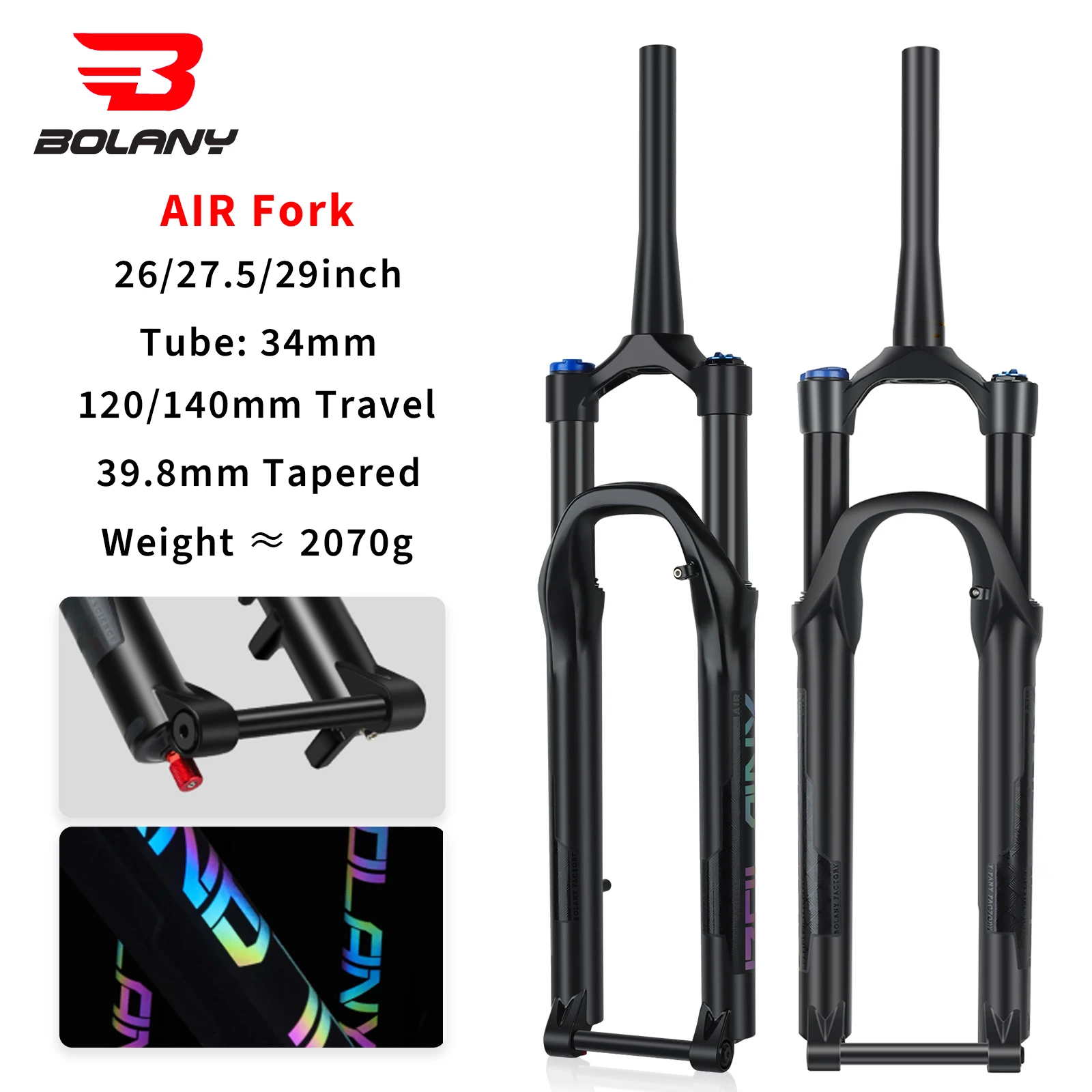 BOLANY BOOST Bike Air Fork 26/27.5/29 Inch MTB Air Fork 15x110mm 34mm Tube 15x100mm Thru Axle Suspension Fork 120/140mm Travel