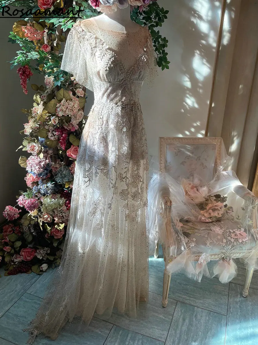 Robe de mariée en cristal scintillant, robes de mariée A-Line, appliques en dentelle Boho, patients de la campagne, quoi que ce soit