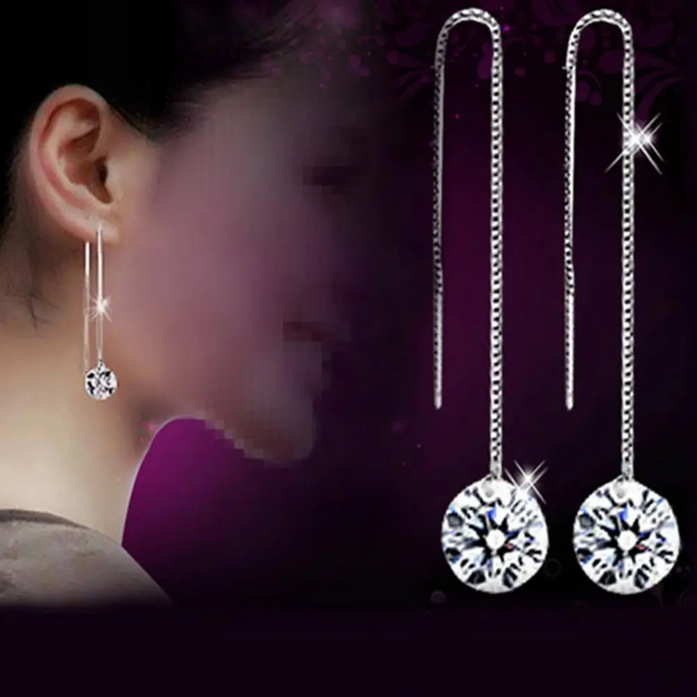 1 Pair Dangler Round Cubic Zirconia Anti-Corrosion Silver Plated Earrings Women Tassel Chain Drop Earring серьги женские