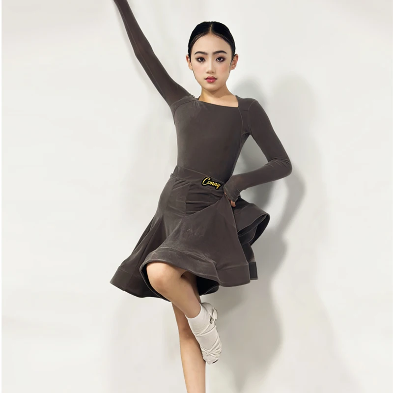 Brown Latin Dance Suit Latin Professional Competition Dance Dress ChaCha Rumba Dance Wear Velvet Long Sleeve Bodysuit Skirt 1360