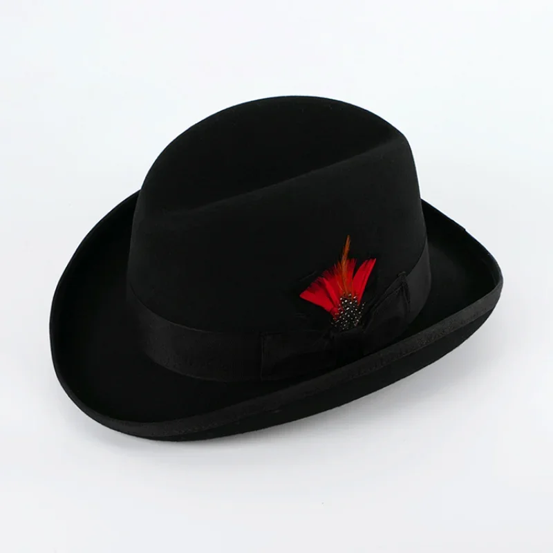 

Homburg Hat with Feather for Men Wool Felt Fedora Gutter Crown Edward VII Hunting Cap Winston Churchill Al Pacino Godfather Hat