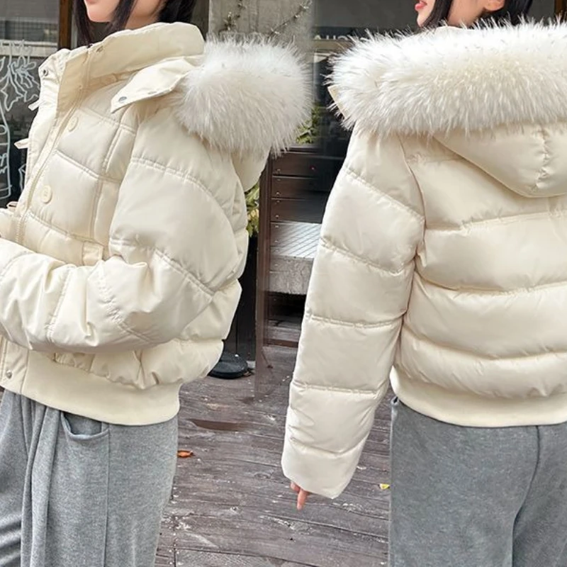 

Retro Navy Blue Hooded Fur Collar Padded Jacket Women's Winter New Thickened Short Padded Jacket