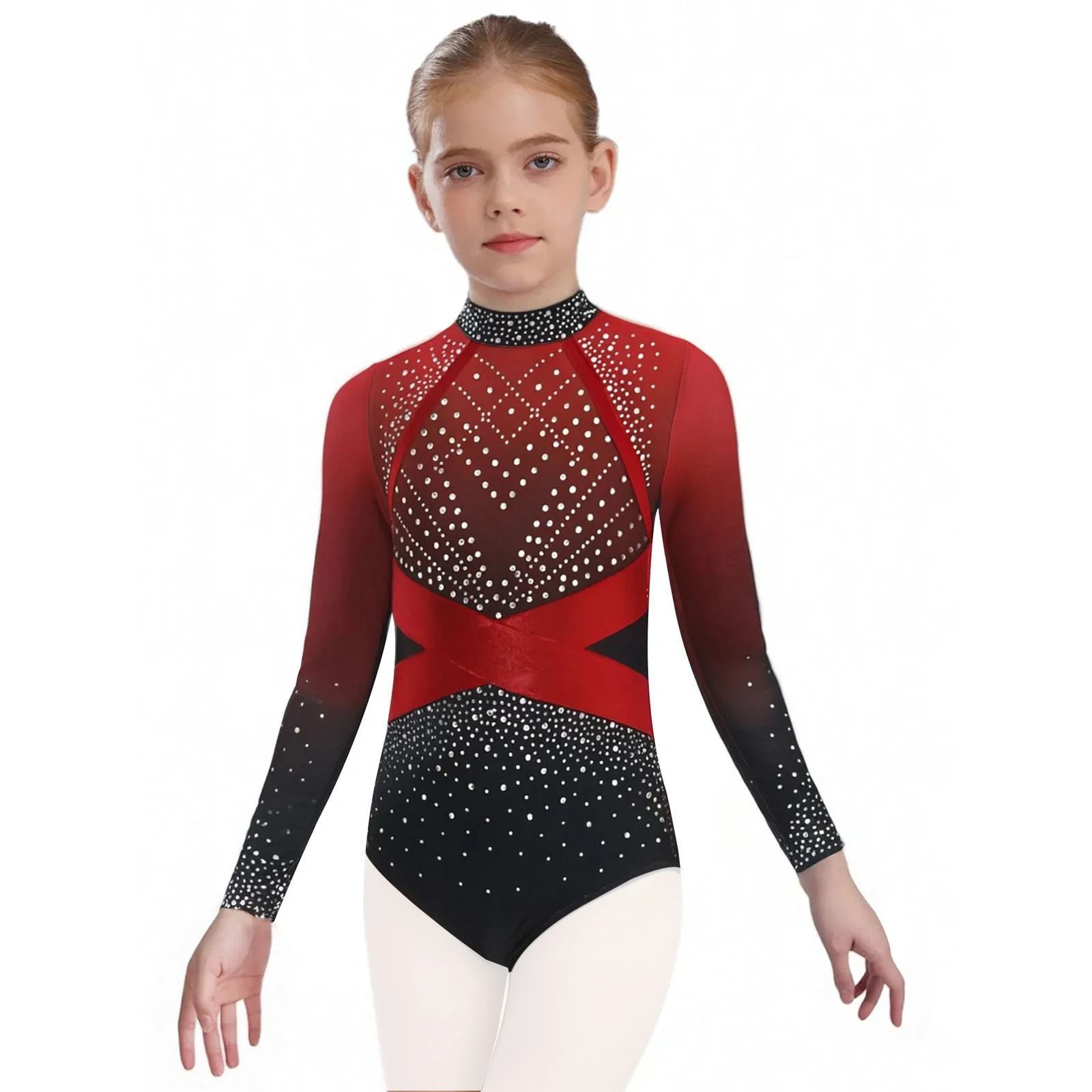 

Kids Girls Rhythmic Gymnastics Jersey Ballet Dance Ballerina Leotard Tutu Costume Long Sleeve Patchwork Yoga Bodysuit Swimwear