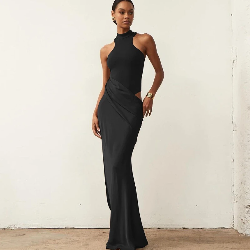 TARUXY Fashion Hollow Pleated Dress Women's Sexy O Neck Sleeveless Slim Solid High Waist Maxi Dress Summer Party Club Clothing