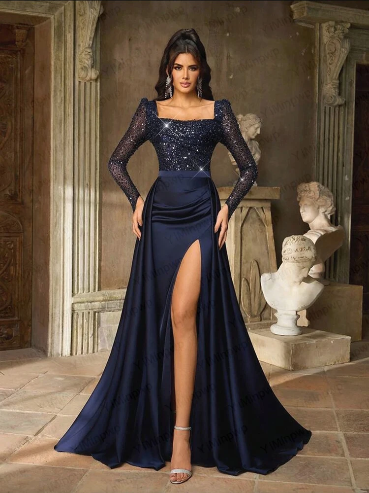 فساتين سهرة فاخرة بياقة مربعة وأكمام طويلة بفتحة هيو أزرق كحلي للحفلات الراقصة فستان حفلات الزفاف مخصص رداء السهرة