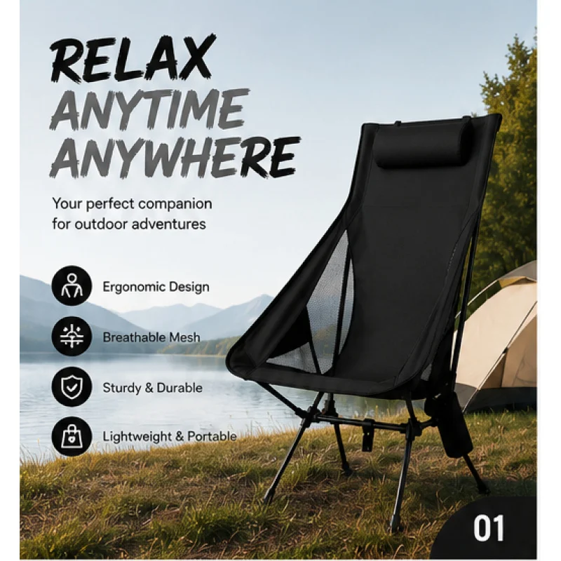 Folding Portable Camping Lounge Chair with Headrest, Durable Aluminum Frame Lightweight Seat for Fishing Picnic Outdoor Trip - view 3