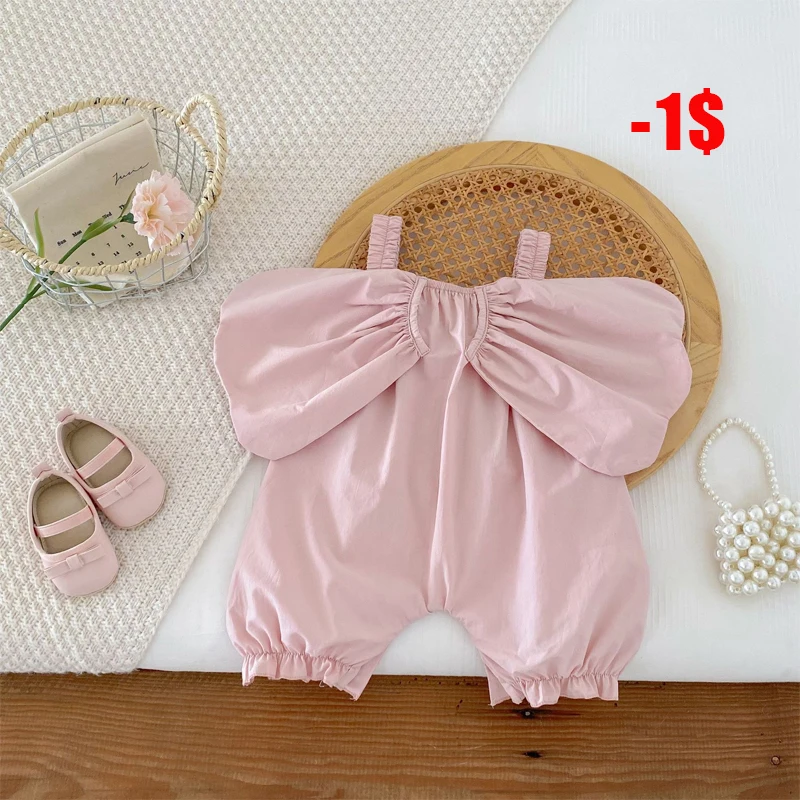 

MiniAinis Summer New Baby Wing Sling Jumpsuit Girls Pink Cotton Bodysuit Girl Crawling Clothes Clothing For Outdoor Activities