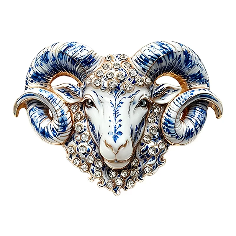 FTCY Strong Goat Brooches For Unisex Blue White Porcelain Rhinestone Enamel Pin Goat Animal Party Brooch Pins New Year Gifts