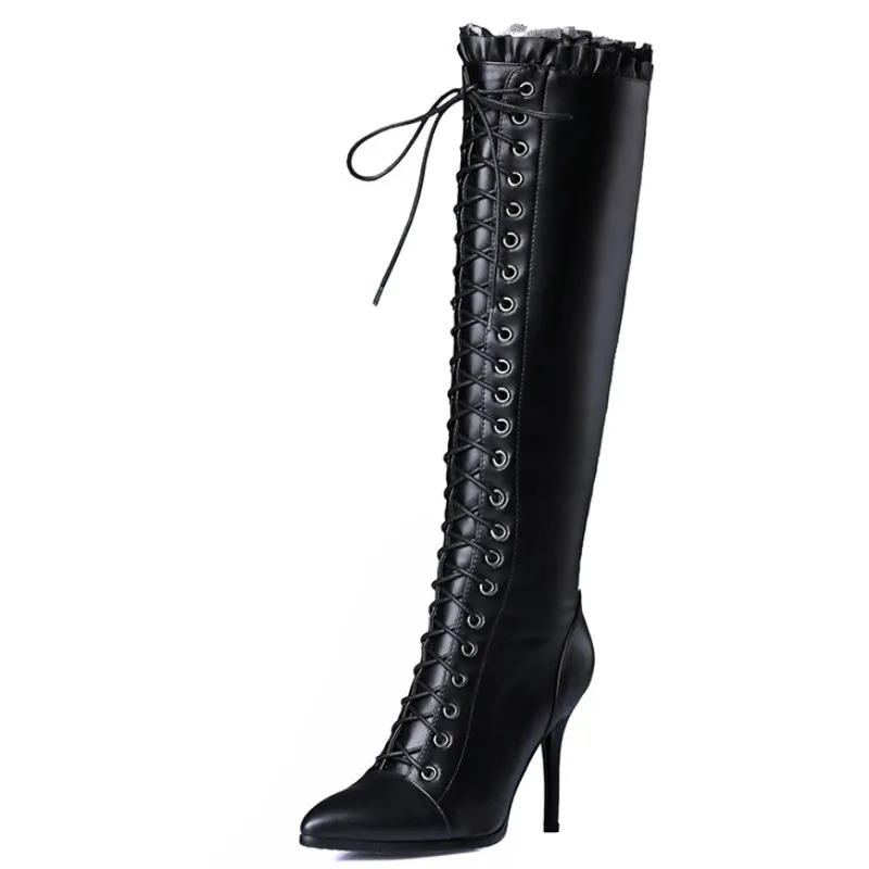 Genuine Leather Women\'s High Knee Boots Winter Shoes Sweet Elegant Lace Up Black High Heels Party Shoes Girls Boot Large Size 48