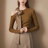 French Style Anti-Aging Fashionable Shoulder Bared Butterfly Knot Knitted Top Women's Unique Design Long Sleeve round Neck Ov...