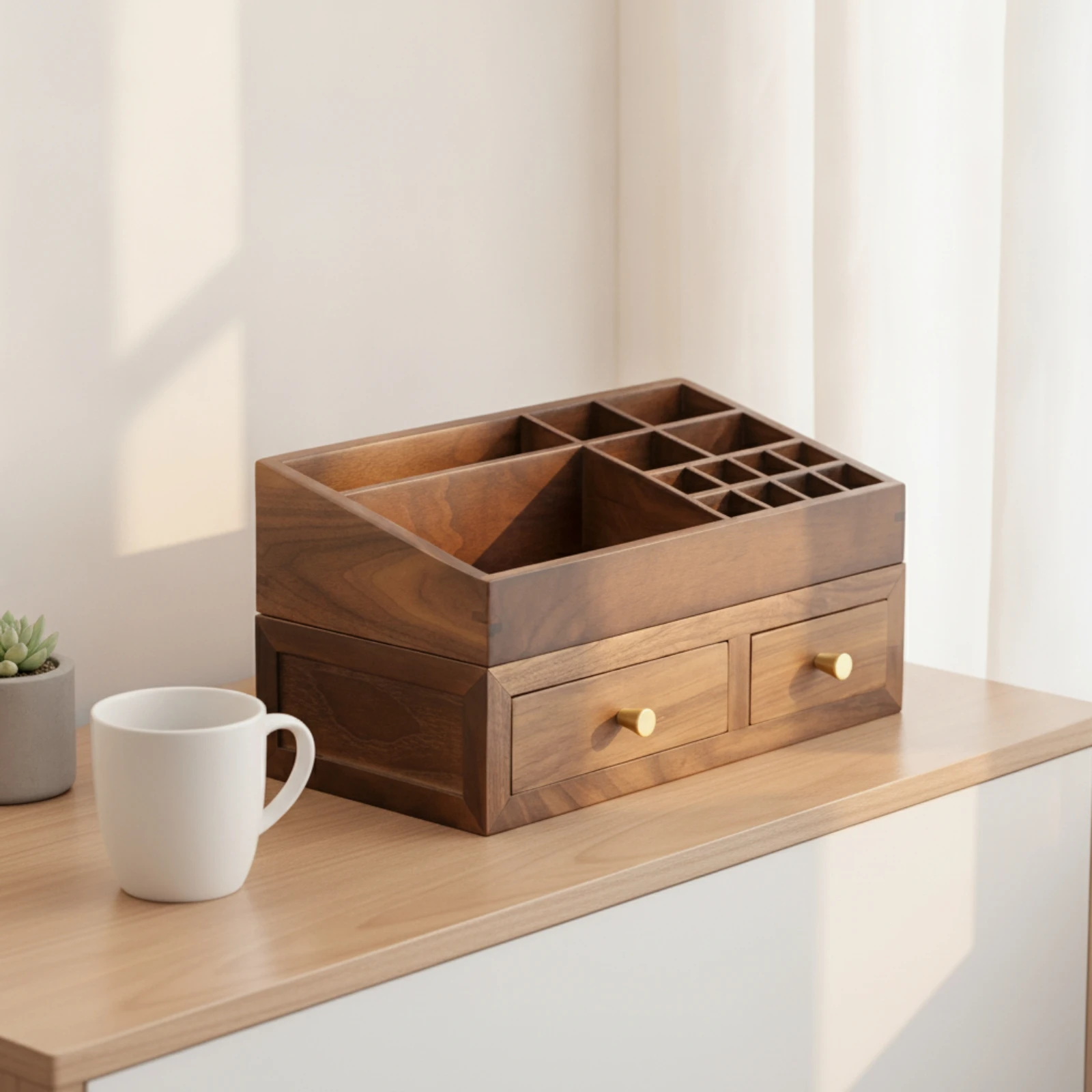 Makeup Organizer with Drawers Walnut Wooden Drawer Cabinet Desktop Organizer Double-Layer Furniture Small-Item for Women, Vanity