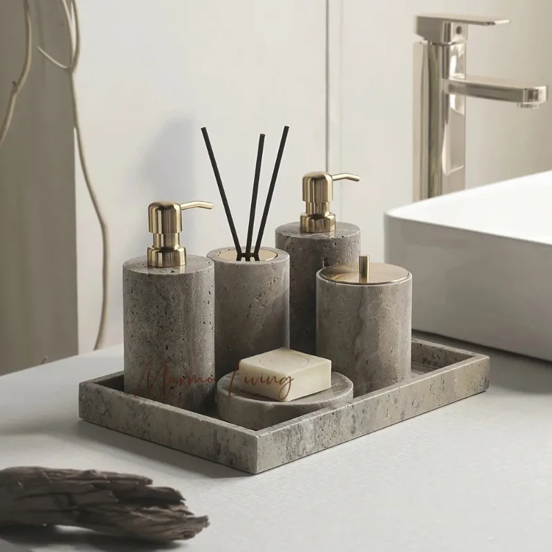 

Grigio Travertino Bathroom Accessories Sets Vintage Marble Soap Holder Soap Dispenser Vanity Tray Bathroom Set