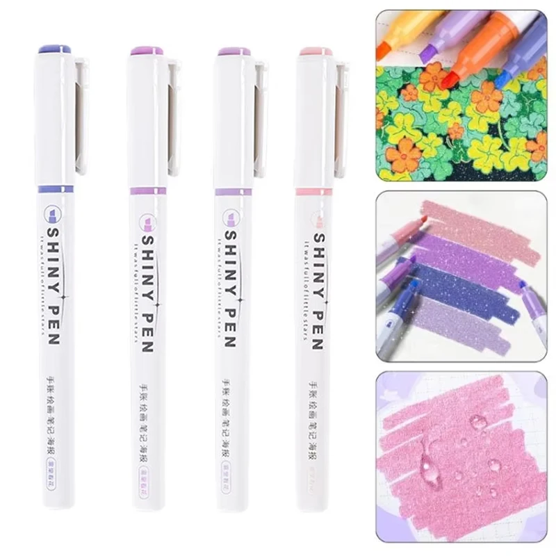 4 Colors Pastel Glitter Highlighters School Writing Supplies Notebook Highlight Marker Pencil For Students Kids Drawing Notes
