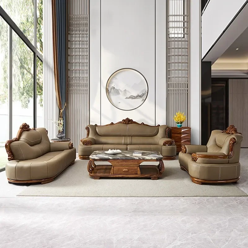 new Chinese-style first-layer cowhide high-end villa combination European straight row new solid wood sofa