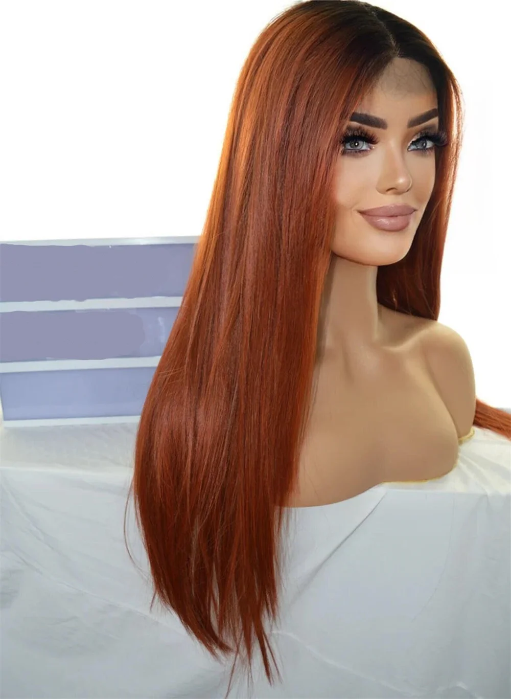 Lijmloze Lange 26Inch 180 Dichtheid Ombre Oranje Rechte Kanten Pruik Voor Vrouwen Babyhair Hittebestendig Pretocked Daily